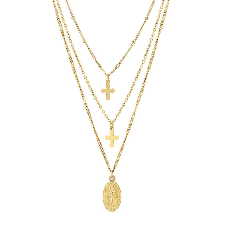 Ladies 3 Chain Necklace with Our Lady of Guadalupe and Cross Charms