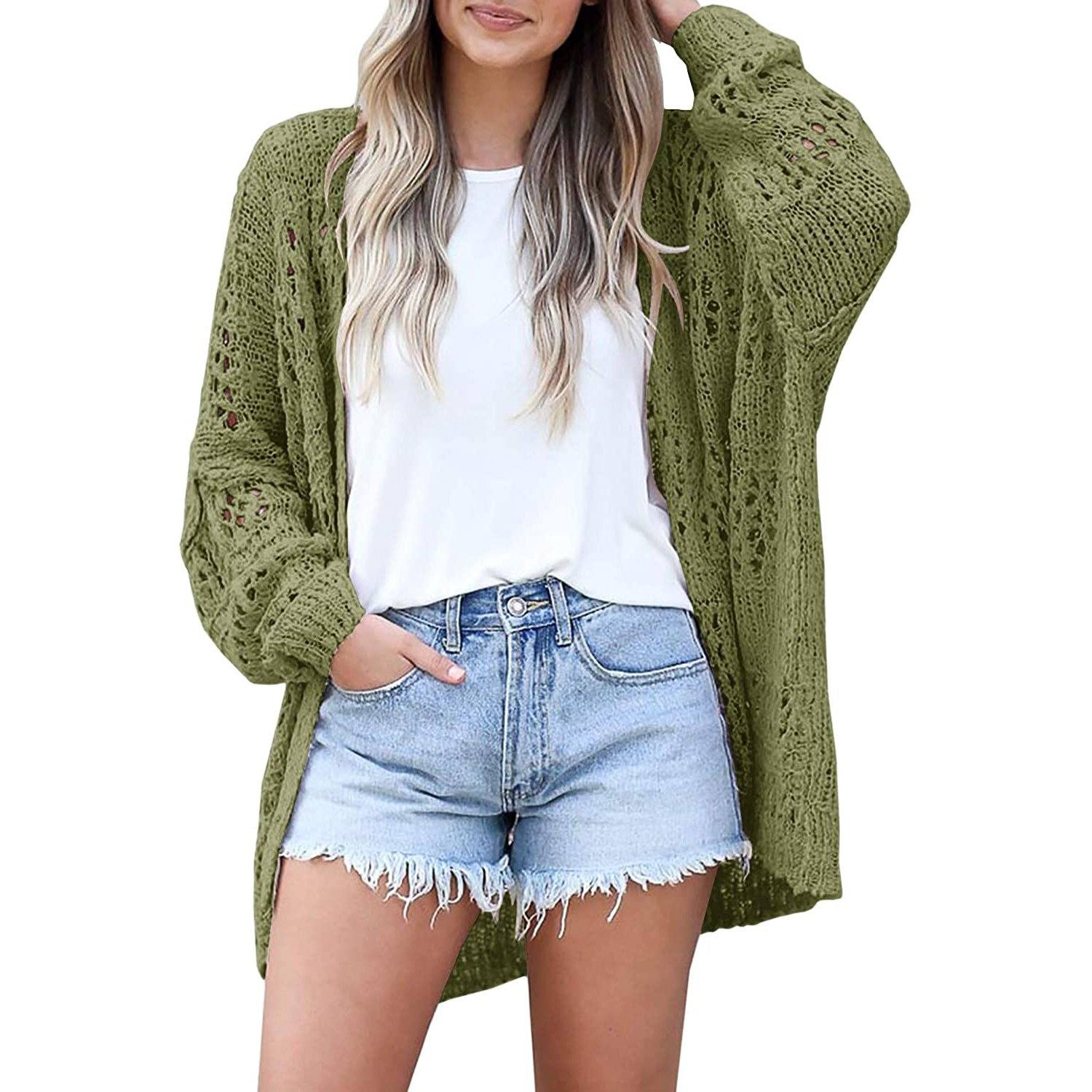 Ladies Crochet Cardigan Sweater Women's Outerwear Army Green S - DailySale