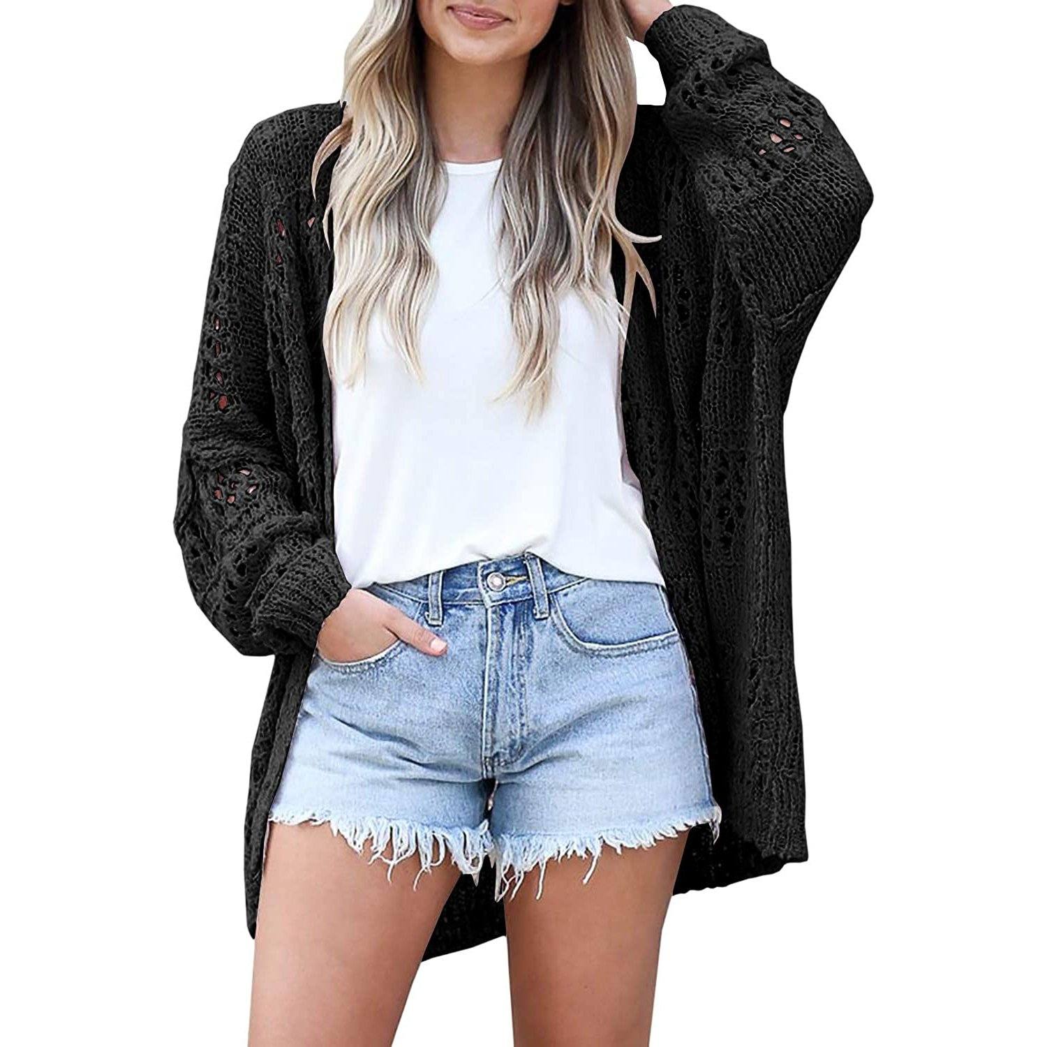 Ladies Crochet Cardigan Sweater Women's Outerwear Black S - DailySale