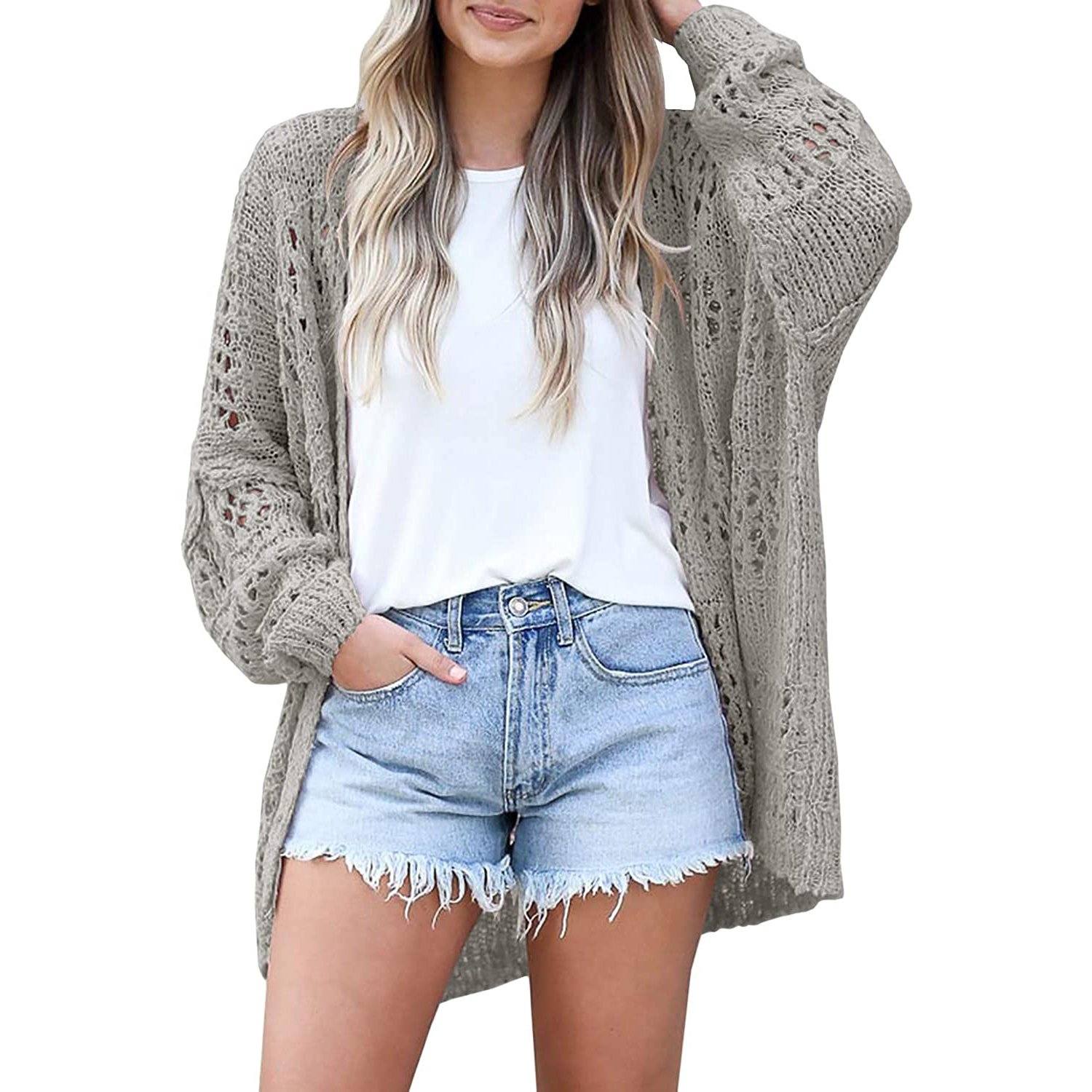 Ladies Crochet Cardigan Sweater Women's Outerwear Gray S - DailySale