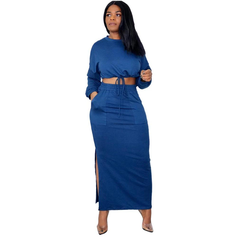 Ladies Crop Top and Split Long Skirt Women's Clothing Blue S - DailySale