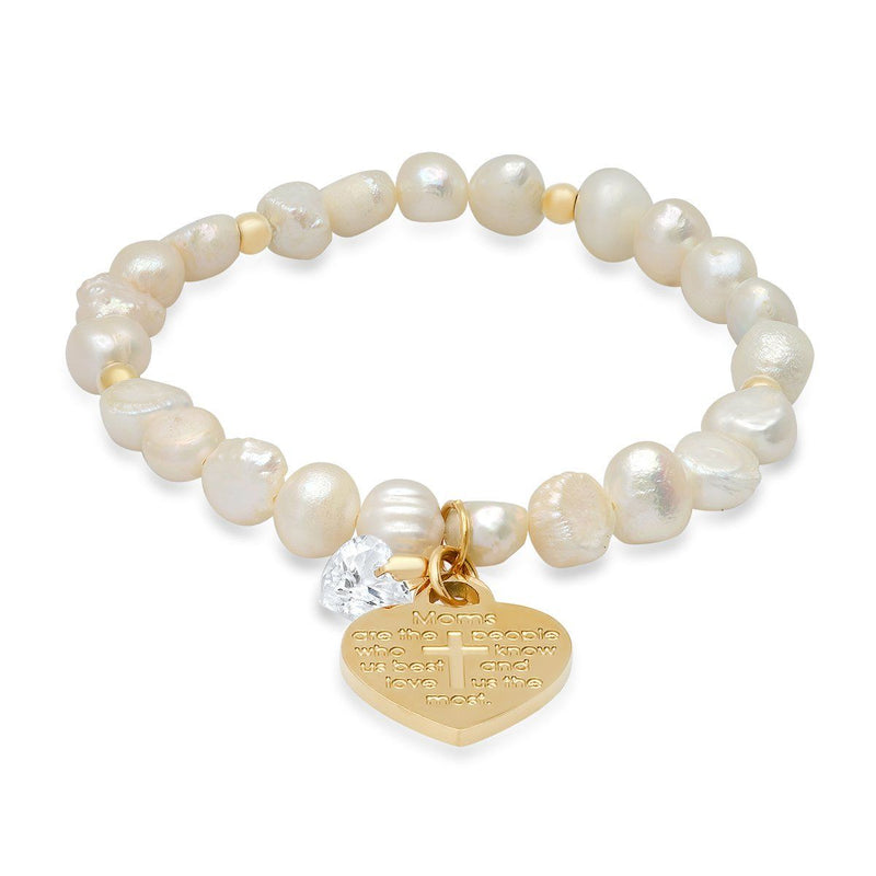 Ladies Freshwater Pearls Heart Charm Swarovski Crystal Beaded Bracelet