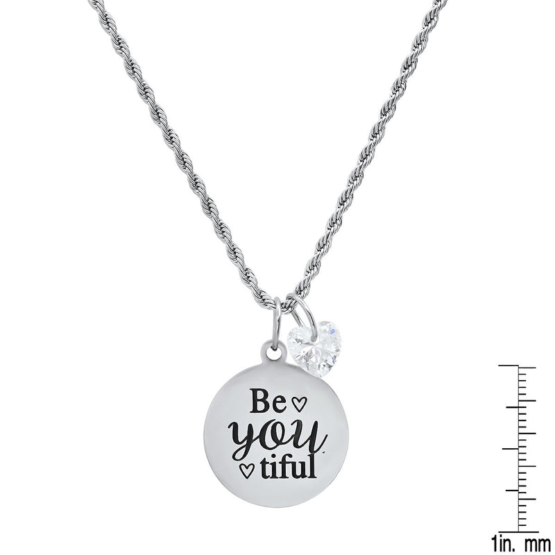 Ladies Stainless Steel Be You Tiful Round Pendant Adorned with Heart Shaped Swarovski Crystal Charm Necklaces - DailySale