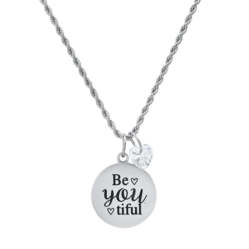 Ladies Stainless Steel Be You Tiful Round Pendant Adorned with Heart Shaped Swarovski Crystal Charm Necklaces - DailySale