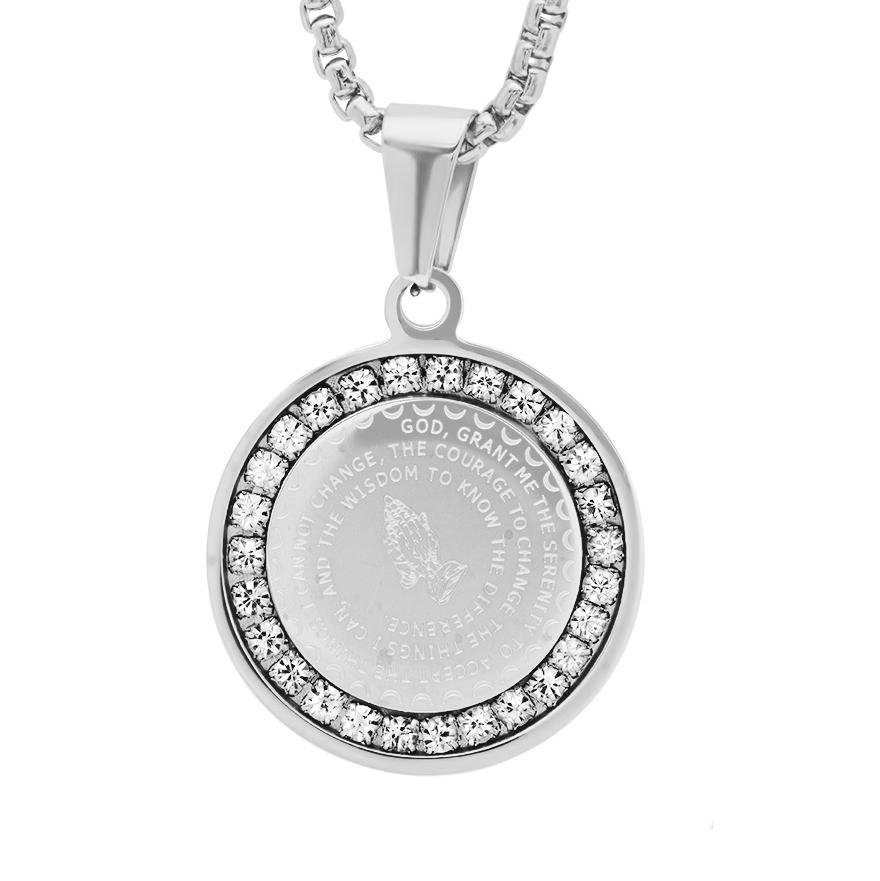 Ladies Stainless Steel Serenity Prayer Round Pendant with Simulated Diamonds Necklaces - DailySale