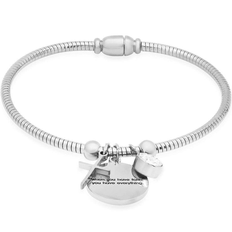 Ladies Stainless Steel "When you have faith…"Swarovski Crystal and Cross Charm Snake Chain Bracelet Bracelets - DailySale