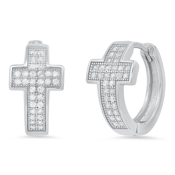 Ladies Sterling Silver and Simulated Diamonds Cross Huggie Earrings Earrings - DailySale