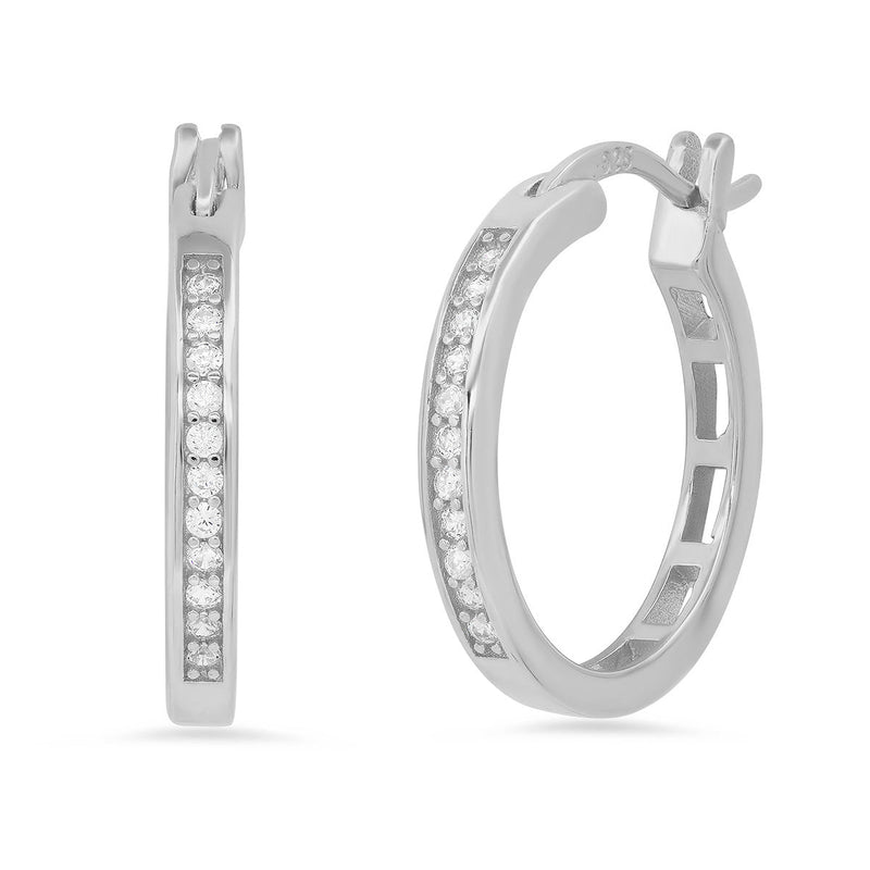 Ladies Sterling Silver and Simulated Diamonds Round Hoops Earrings