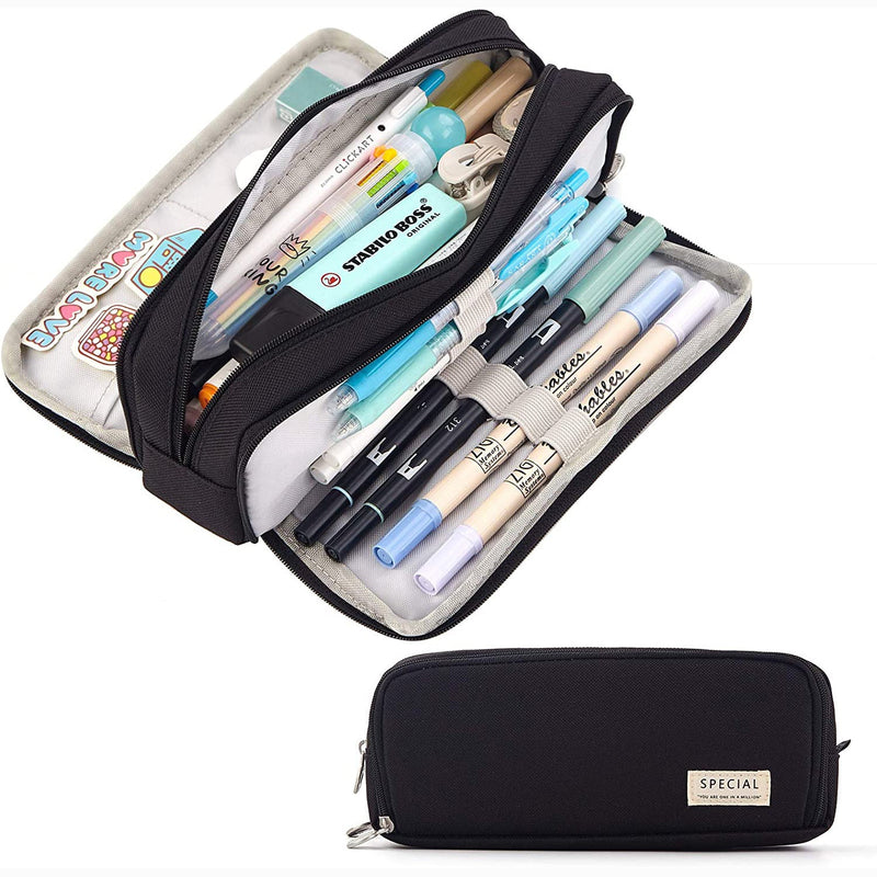 Large Capacity 3 Compartment Pouch Pencil Case Everything Else Black - DailySale