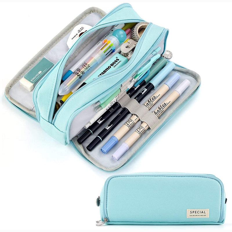 Large Capacity 3 Compartment Pouch Pencil Case Everything Else Light Blue - DailySale