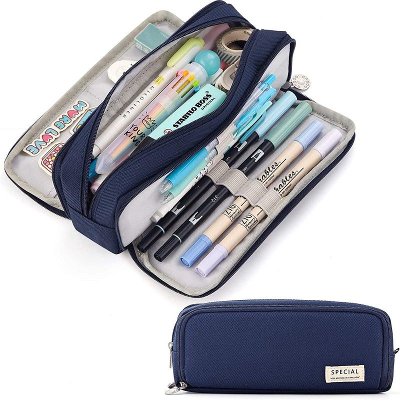 Large Capacity 3 Compartment Pouch Pencil Case Everything Else Navy - DailySale
