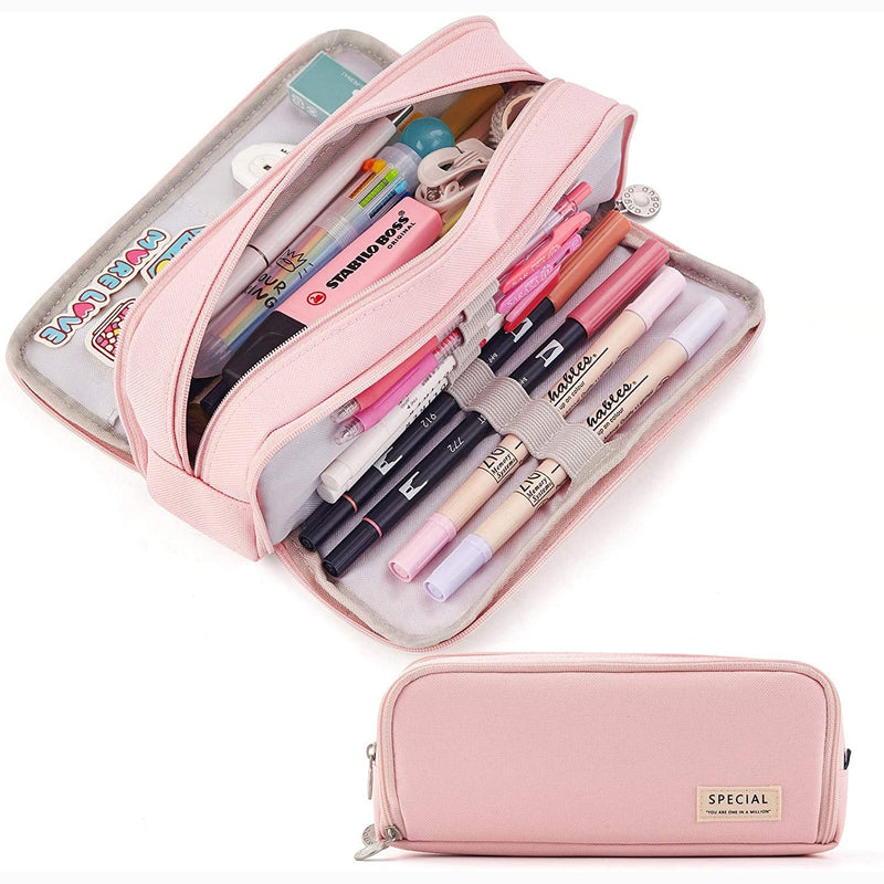 Large Capacity 3 Compartment Pouch Pencil Case Everything Else Pink - DailySale