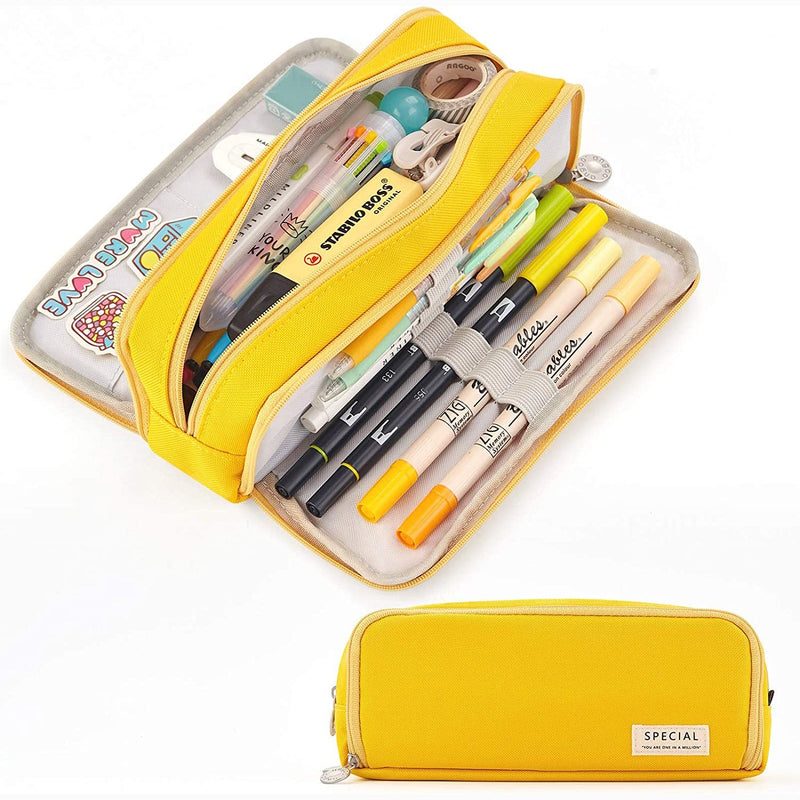 Large Capacity 3 Compartment Pouch Pencil Case Everything Else Yellow - DailySale