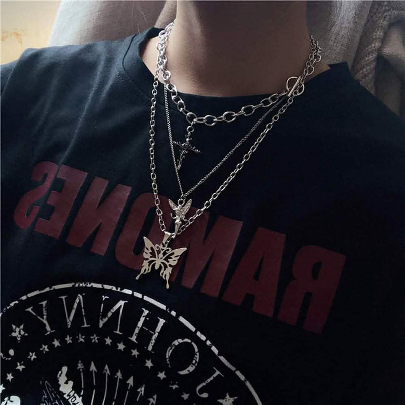 Layered Butterfly Cross Angel Pendant Necklace Necklaces - DailySale