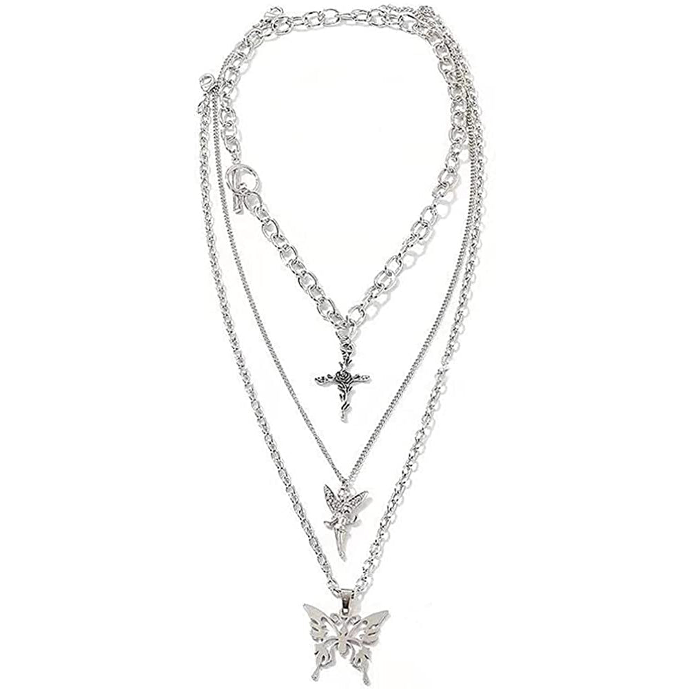 Layered Butterfly Cross Angel Pendant Necklace Necklaces - DailySale