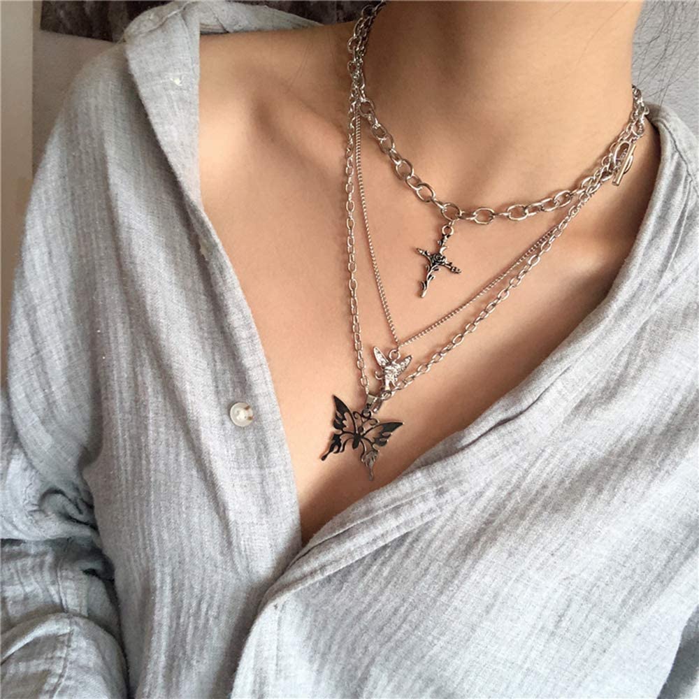 Layered Butterfly Cross Angel Pendant Necklace Necklaces - DailySale