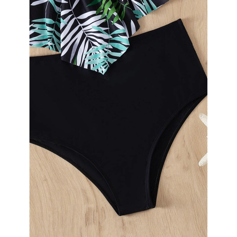 Leaf Print Hanky Hem High Waisted Bikini Swimsuit