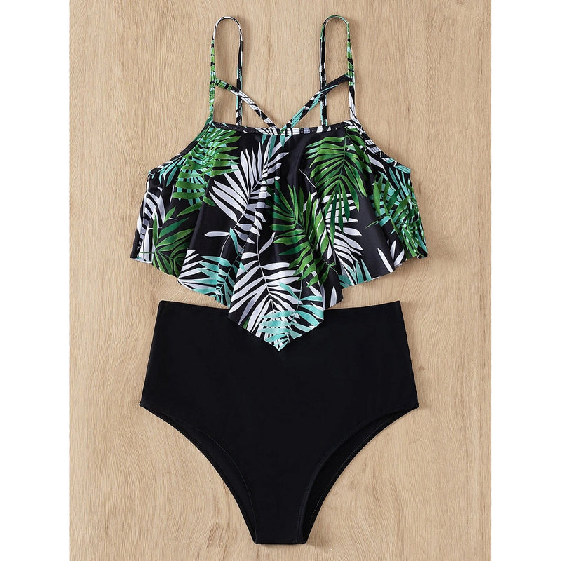 Leaf Print Hanky Hem High Waisted Bikini Swimsuit