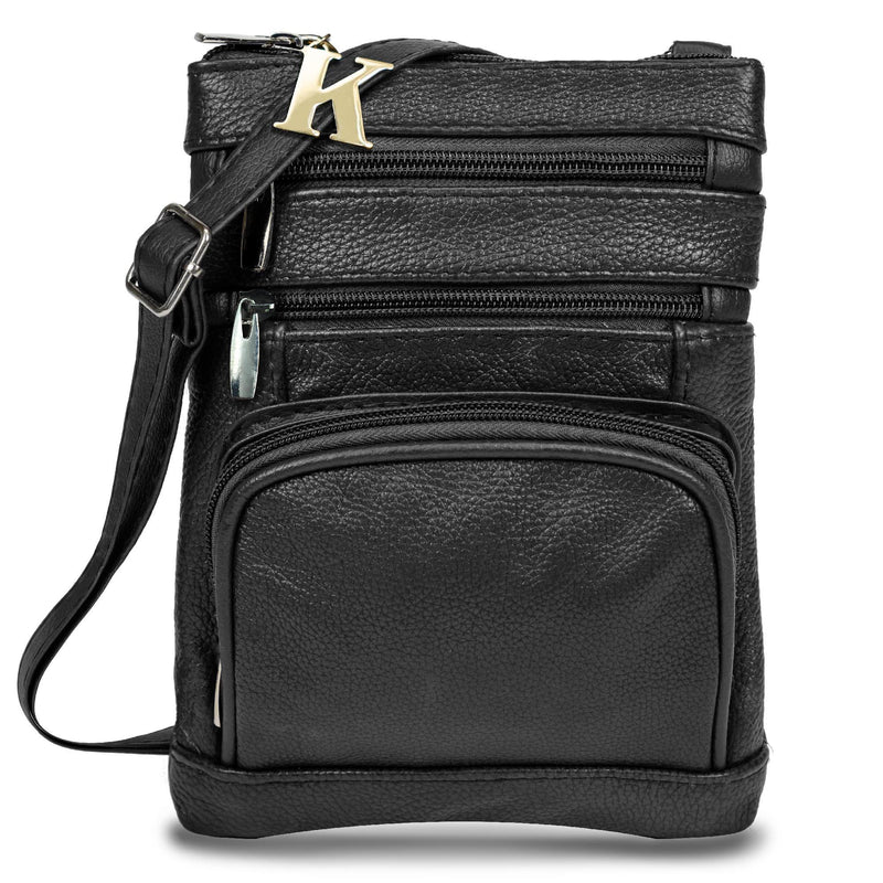Leather Crossbody Bag with Initial Letter Key Chain standing on its own, shown in black - available at Dailysale