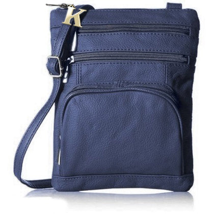 Leather Crossbody Bag with Initial Letter Key Chain standing on its own, shown in navy - available at Dailysale