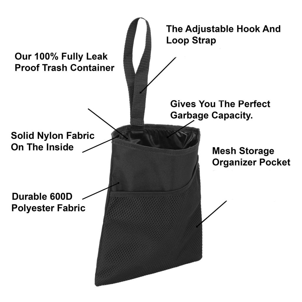 Hanging Car Trash Bag Can Premium Waterproof Litter Garbage Bag Organizer  1.85 Gallon Capacity Black