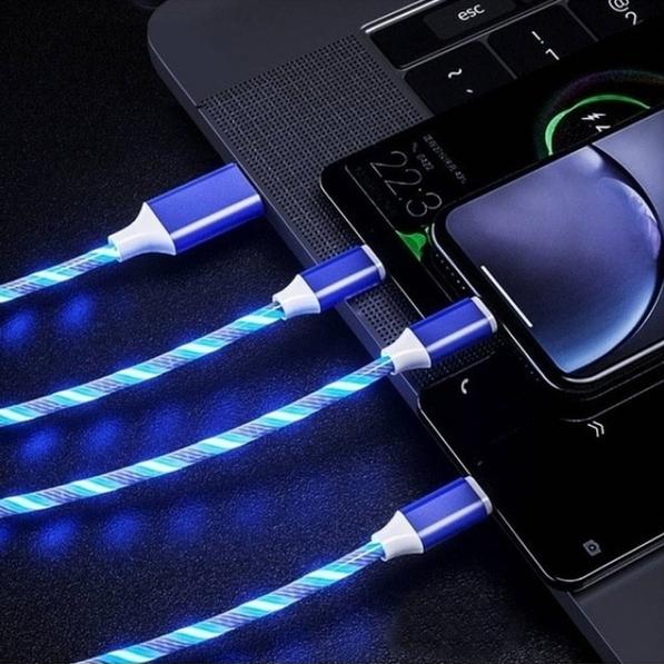 LED Light USB Charger Cable 3-in-1 Fast Charging Mobile Accessories Micro USB Connector Blue - DailySale