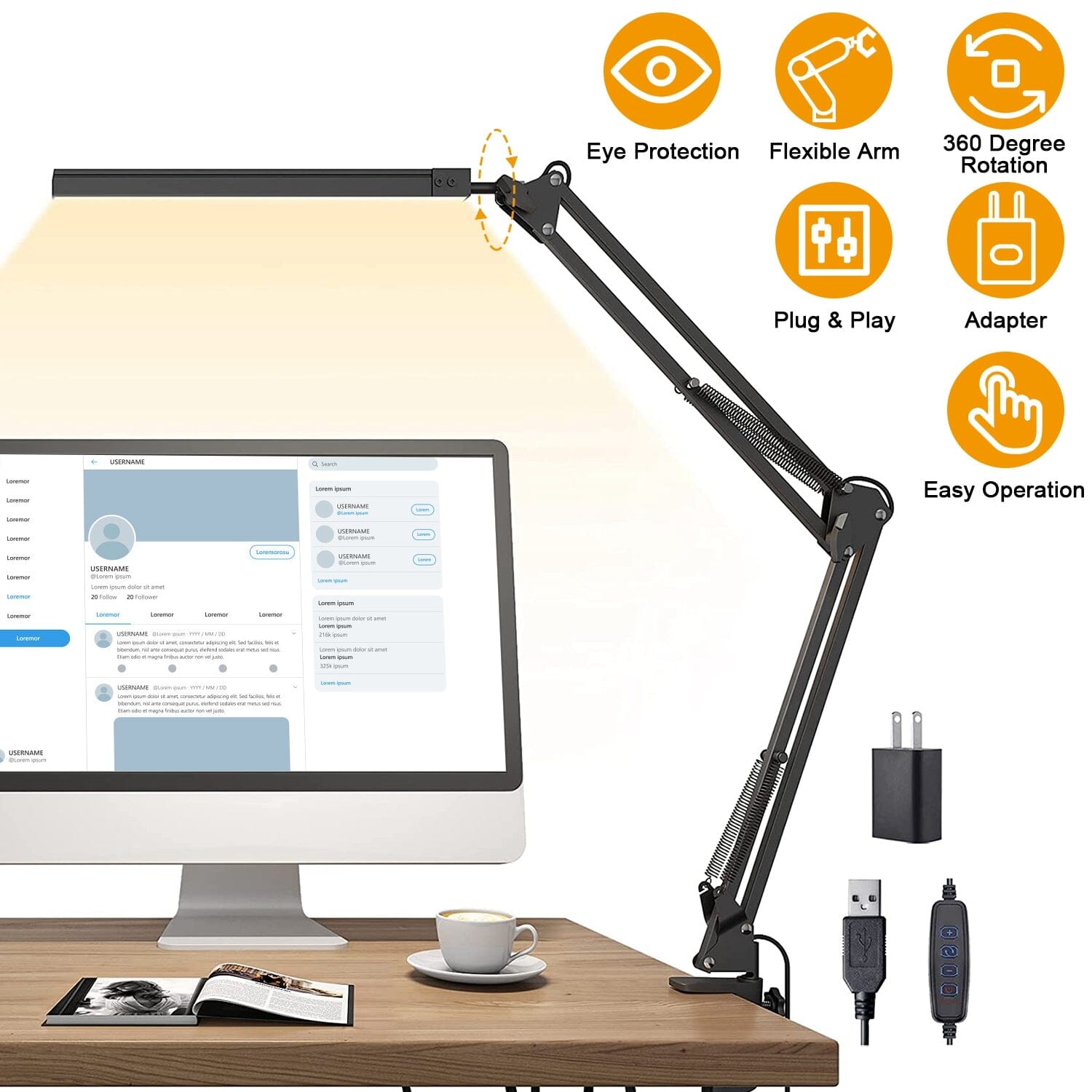 LED Reading Desk Lamp with Clamp Adjustable Swing Arm Indoor Lighting - DailySale