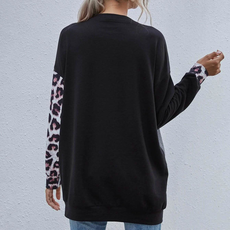 Leopard Print Colorblock Drop Shoulder Sweatshirt Women's Clothing - DailySale