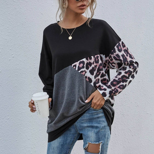 Leopard Print Colorblock Drop Shoulder Sweatshirt Women's Clothing S - DailySale