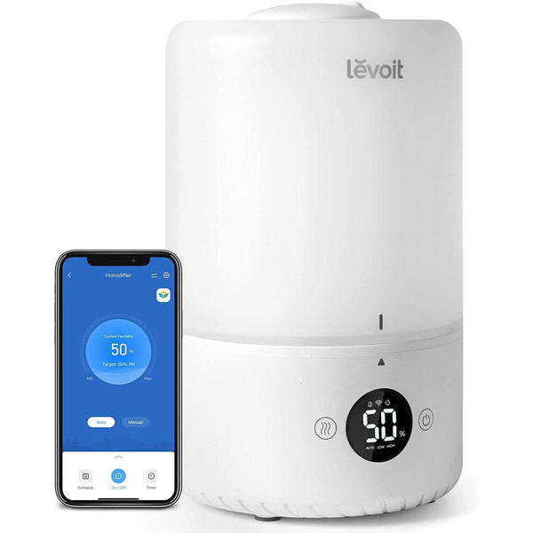 LEVOIT Dual200S Smart Cool Mist Humidifier, placed next to a smartphone with the LEVOIT app