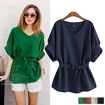 Linen-Blend Loose-Cut Casual Short Sleeve Top with Belt Women's Apparel - DailySale