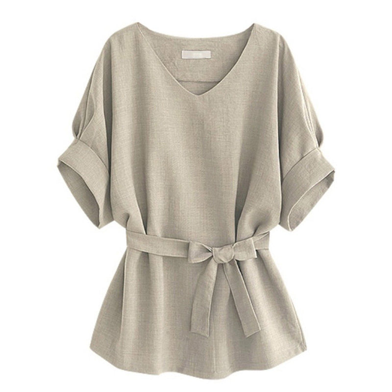 Linen-Blend Loose-Cut Casual Short Sleeve Top with Belt Women's Apparel S Beige - DailySale