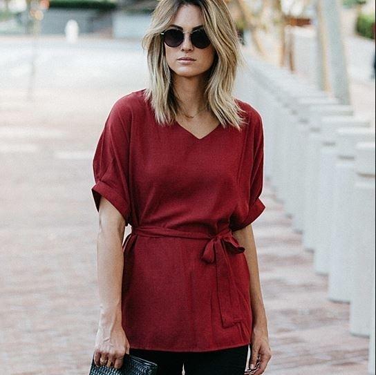 Linen-Blend Loose-Cut Casual Short Sleeve Top with Belt Women's Apparel S Burgundy - DailySale