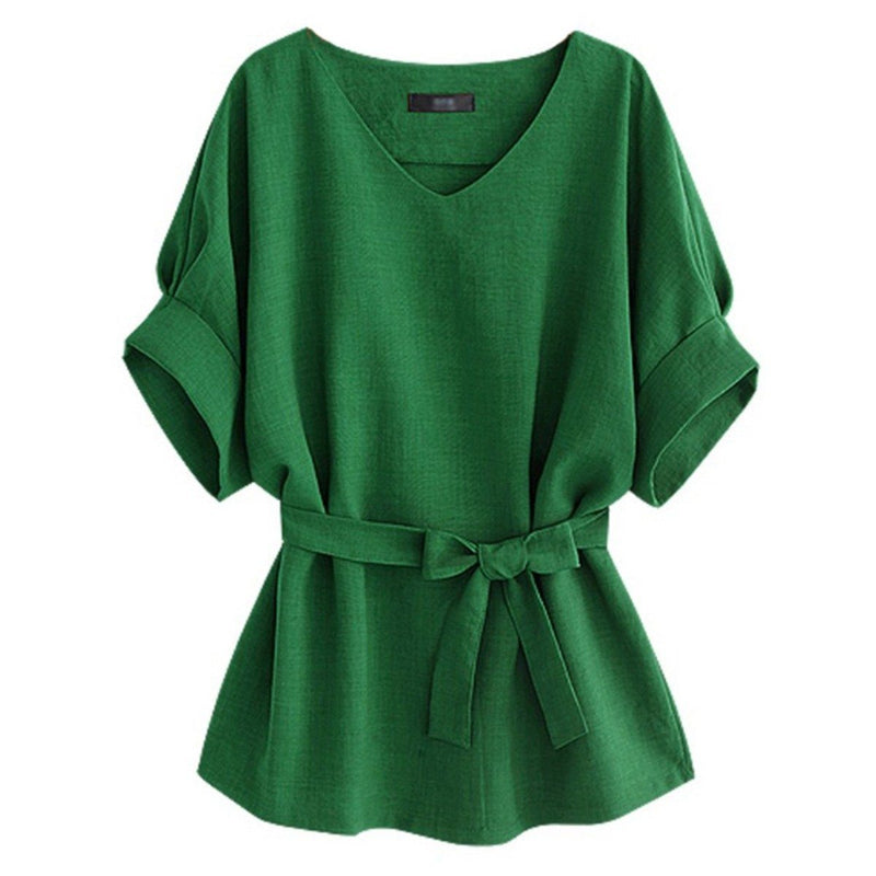 Linen-Blend Loose-Cut Casual Short Sleeve Top with Belt Women's Apparel S Green - DailySale