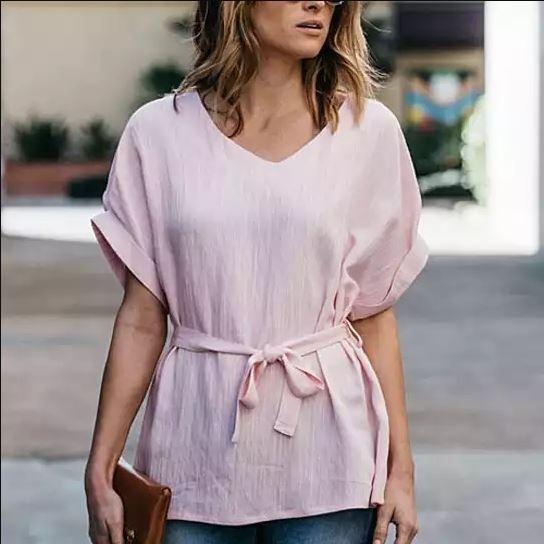 Linen-Blend Loose-Cut Casual Short Sleeve Top with Belt Women's Apparel S Pink - DailySale