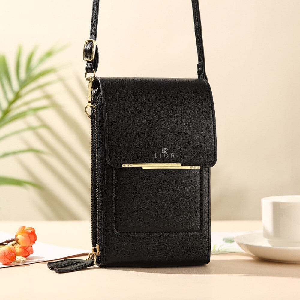 Front-angled view of black Lior Crossbody Shoulder Bag for Women