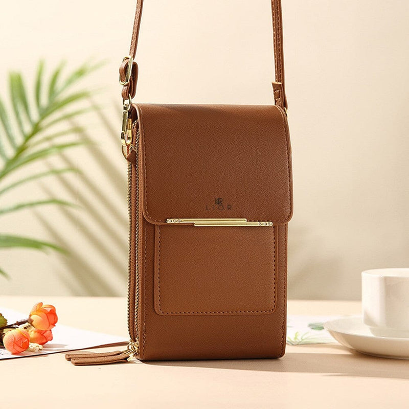 Front-angled view of brown Lior Crossbody Shoulder Bag for Women