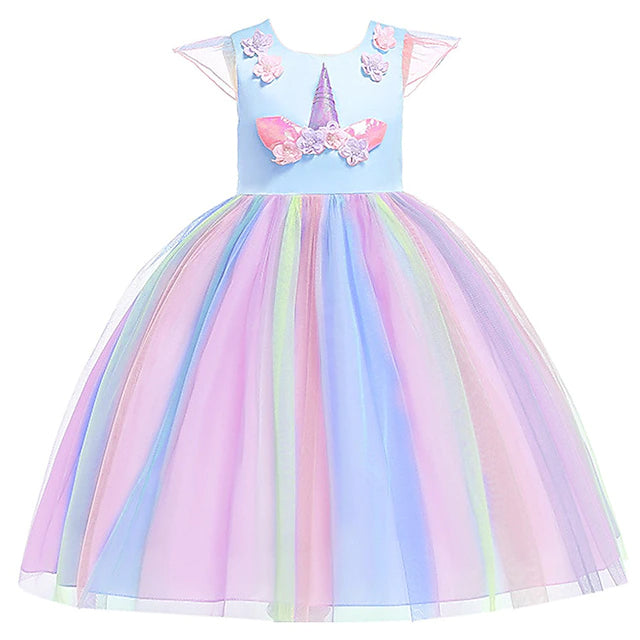 Little Girls' Dress Unicorn Rainbow Patchwork Colorful Tulle Dress Kids' Clothing Blue 2-3 Years - DailySale