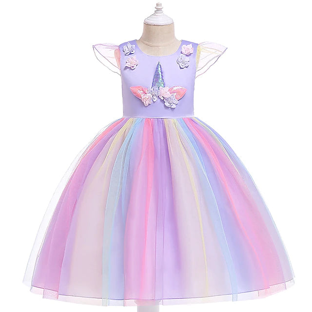Little Girls' Dress Unicorn Rainbow Patchwork Colorful Tulle Dress Kids' Clothing Purple 2-3 Years - DailySale