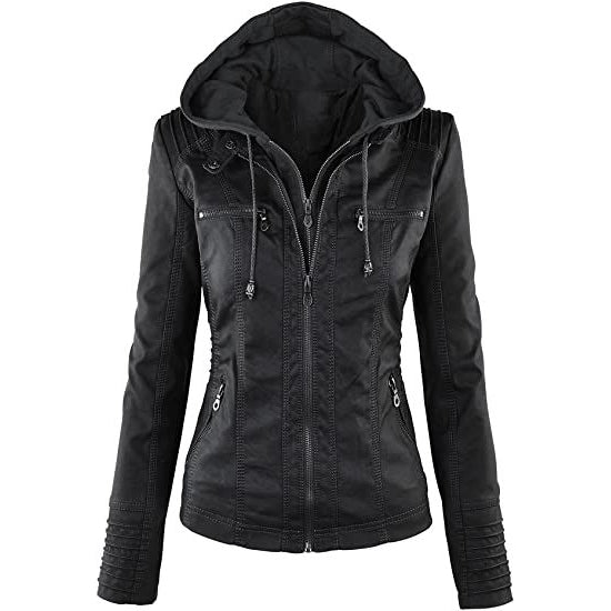 Lock and Love Women's Removable Hooded Faux Leather Jacket Women's Outerwear Black XS - DailySale