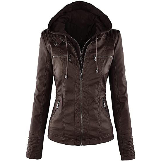 Lock and Love Women's Removable Hooded Faux Leather Jacket Women's Outerwear Coffee XS - DailySale