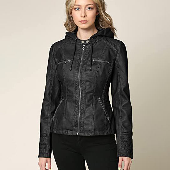 Lock and Love Women's Removable Hooded Faux Leather Jacket Women's Outerwear - DailySale