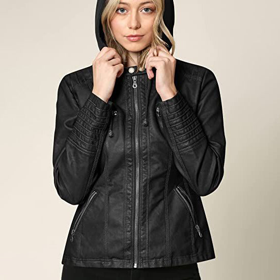 Lock and Love Women's Removable Hooded Faux Leather Jacket Women's Outerwear - DailySale