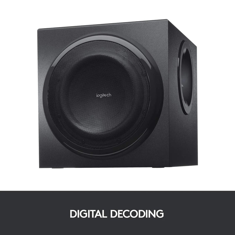 Angled view of the Logitech Z906 5.1 Surround Sound Speaker System sub-woofer with a sign below that reads "Digital Decoder"