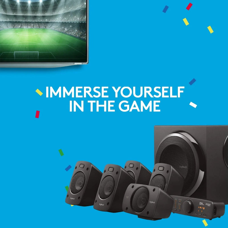 Front view of the retail box that packages the Logitech Z906 5.1 Surround Sound Speaker System - THX, Dolby Digital and DTS Digital Certified, with the words "Immerse yourself in the game" printed on it