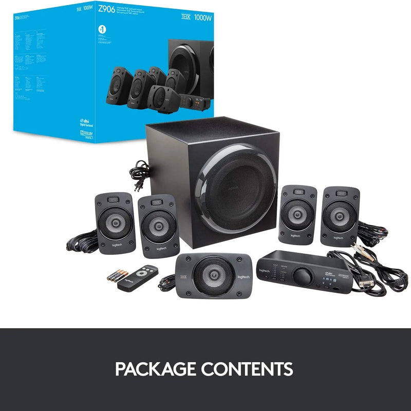 View of the Logitech Z906 5.1 Surround Sound Speaker System - THX, Dolby Digital and DTS Digital Certified - in front of its retail box, with a sign below that reads "Package Contents"