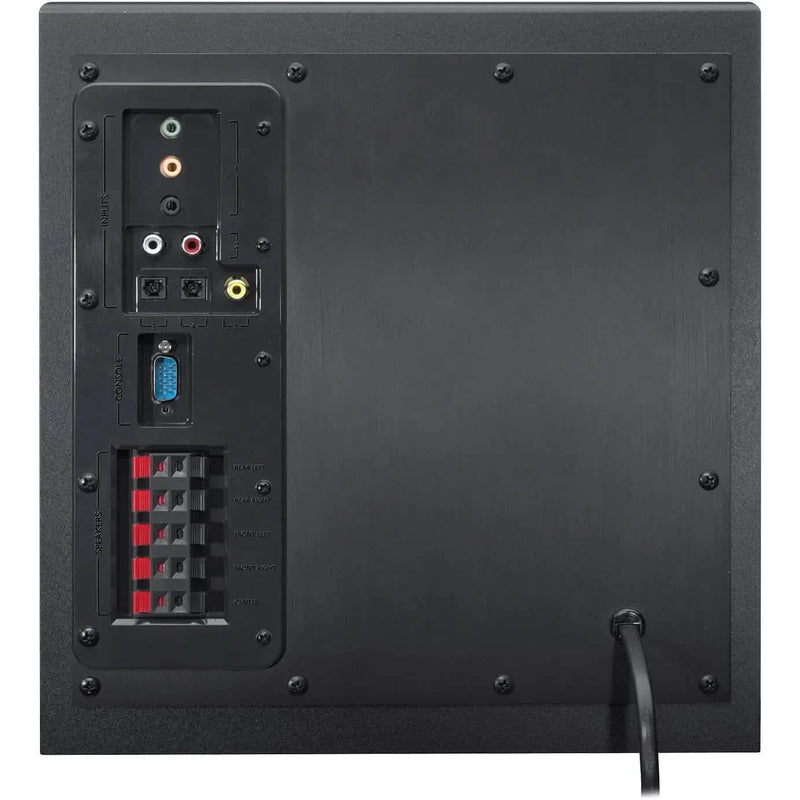 Back view of the Logitech Z906 5.1 Surround Sound Speaker System sub-woofer, showing all connections
