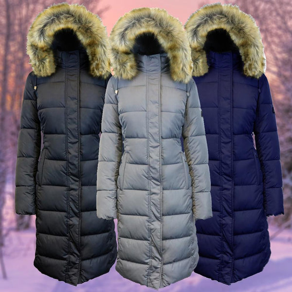 Three Long Heavyweight Parka Jacket with Faux-Fur Hood side by side in black, gray, and navy, avaiable at Dailysale