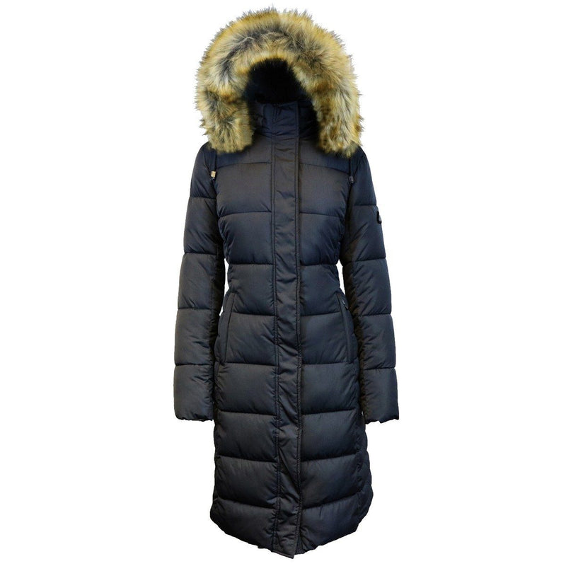 Long Heavyweight Parka Jacket with Faux-Fur Hood shown in black against a white background
