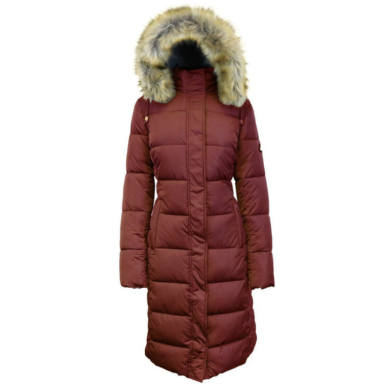 Long Heavyweight Parka Jacket with Faux-Fur Hood shown in burgundy against a white background
